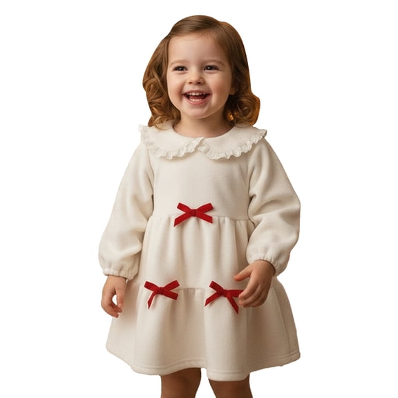 Rhuody Christmas Girls Dress Long Sleeve Stylish Plaid Bow Tie Collar Party Dress For Elegant Lace Trim Gown For And Photoshoots Crewneck Winter Flowy Dresses Xmas Classic Playsuit 18-24 Months Beige