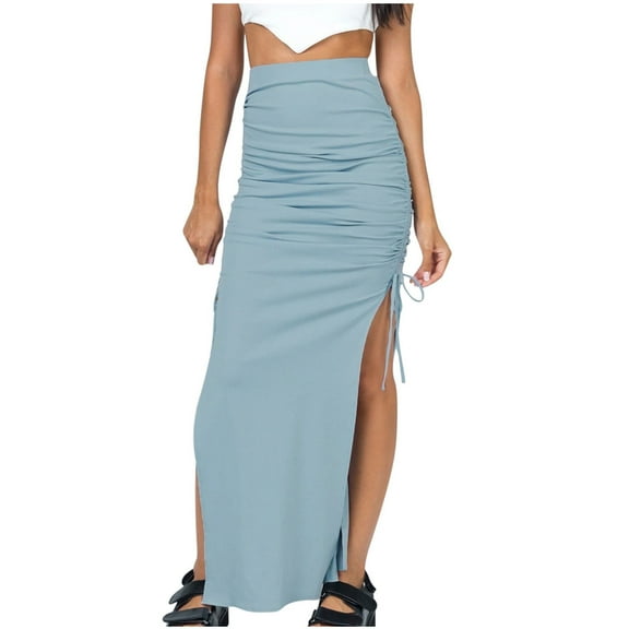 IROINNID Women's Sexy Split Fork Slim Drawstring Skirt Knitting Bandage Ankle Elastic Waist Long Solid Color Skirt