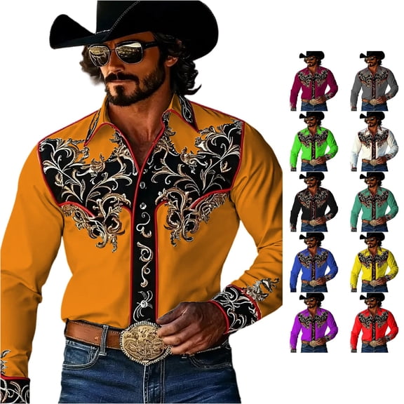 LIIPEE Western Cowboy Floral Graphic Shirt For Men Long Sleeve Turn Down Collar Button Up Shirts Male Comfortable Breathable Tops,XXXXXL