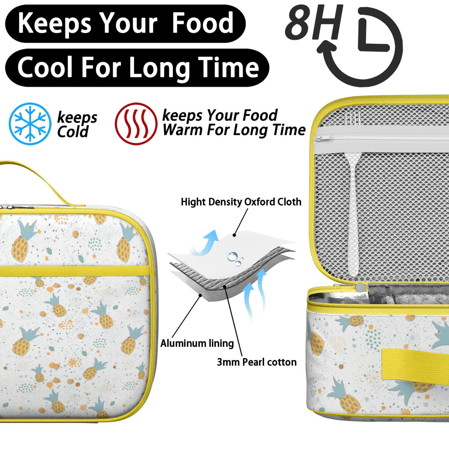 Durable Insulated Lunch Tote Featuring Pineapple Hawaiian Hawaii Tropical Fruit Summer Yellow Golden Exotic Pattern Print Aesthetic Pineapple Lover Sunshine Flowers Fresh Plant Prints – Lightweight L