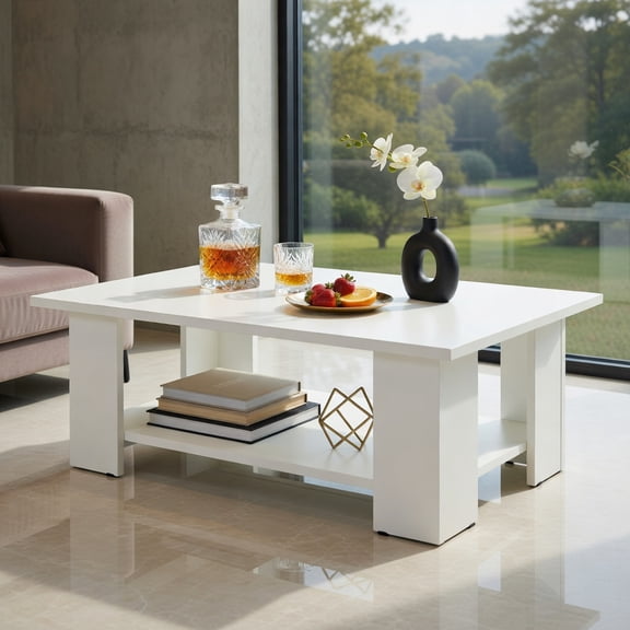 Demi Bonn 36" Wooden Coffee Table, Large 2-tier Modern Side Table with Storage Shelf for Living Room, Reception Room, White