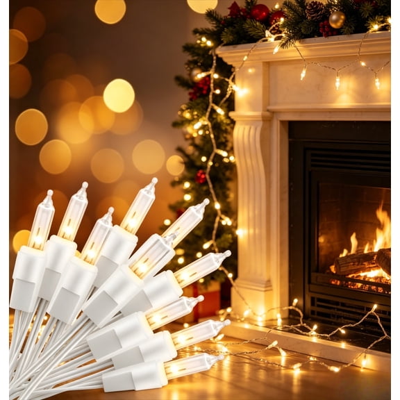 PLERISE Clear Christmas Lights Set, 50-Count 13-Feet Mini String Lights with White Wire, Warm White Incandescent Bulb for Indoor Tree Garland