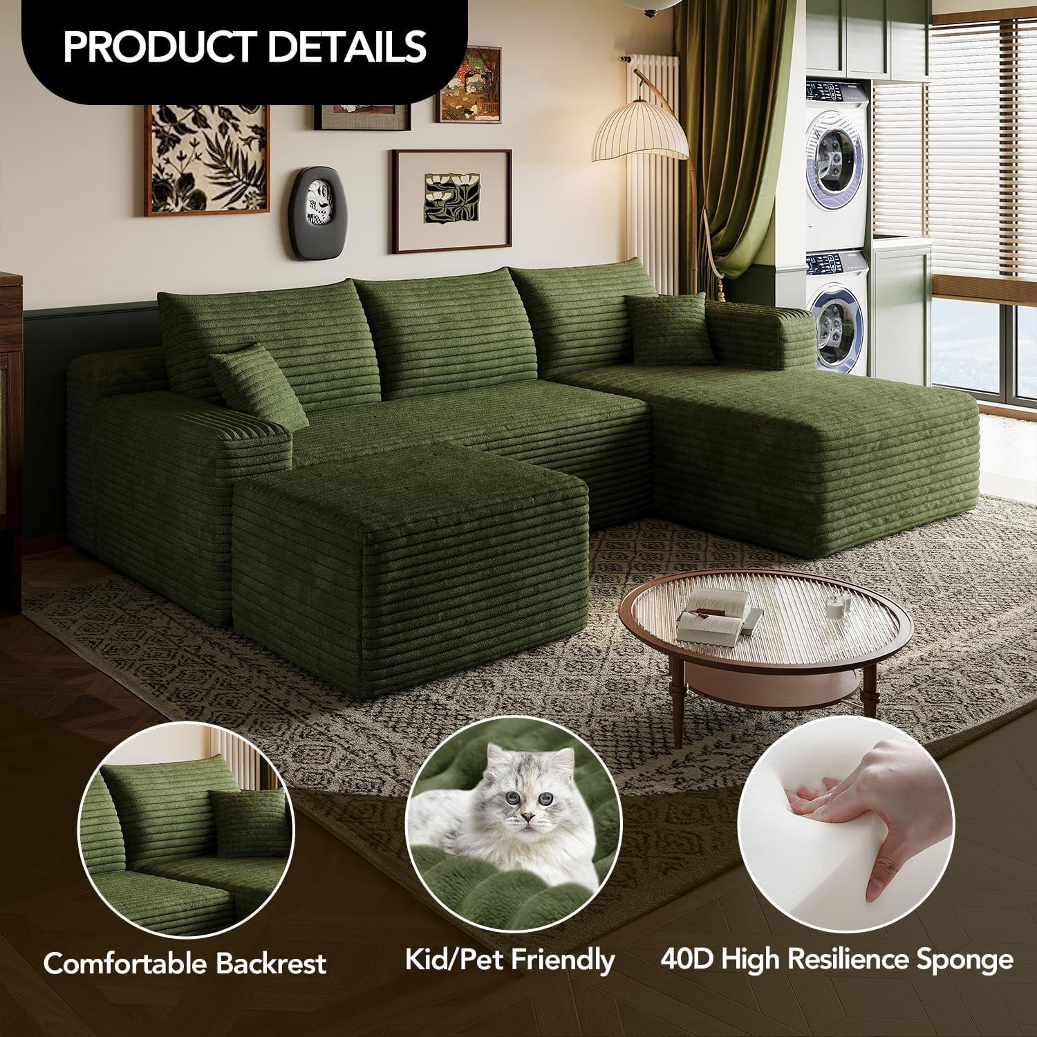 103" Cloud Sectional Sofa, Modern L Shaped Deep Seat Couch, Plush Corduroy Upholstered Sofa No Assembly, Living Room