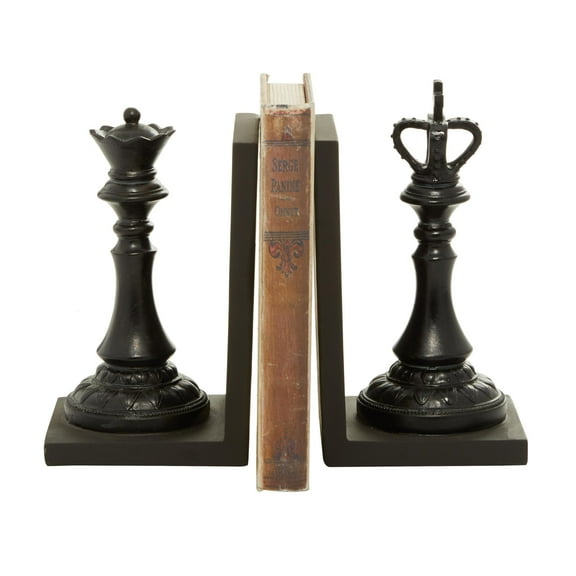 DecMode 5" Chess Black Polystone Bookends with King and Queen (Set of 2)