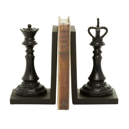 DecMode 5" Chess Black Polystone Bookends with King and Queen (Set of 2)
