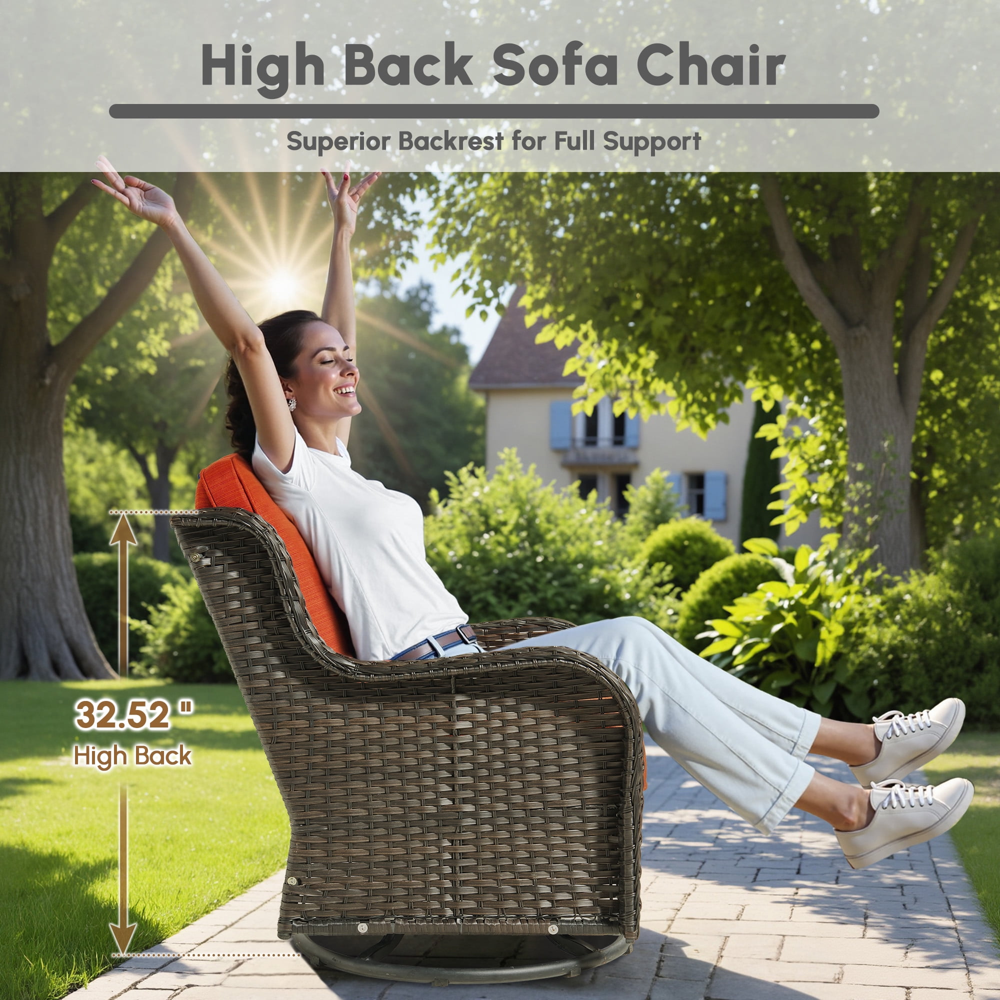 Ovios 7 Piece Outdoor Patio Furniture Set All-Weather Wicker Rattan Conversation Set with High Back Swivel Chairs & Propane Fire Pit Table, Orange Red