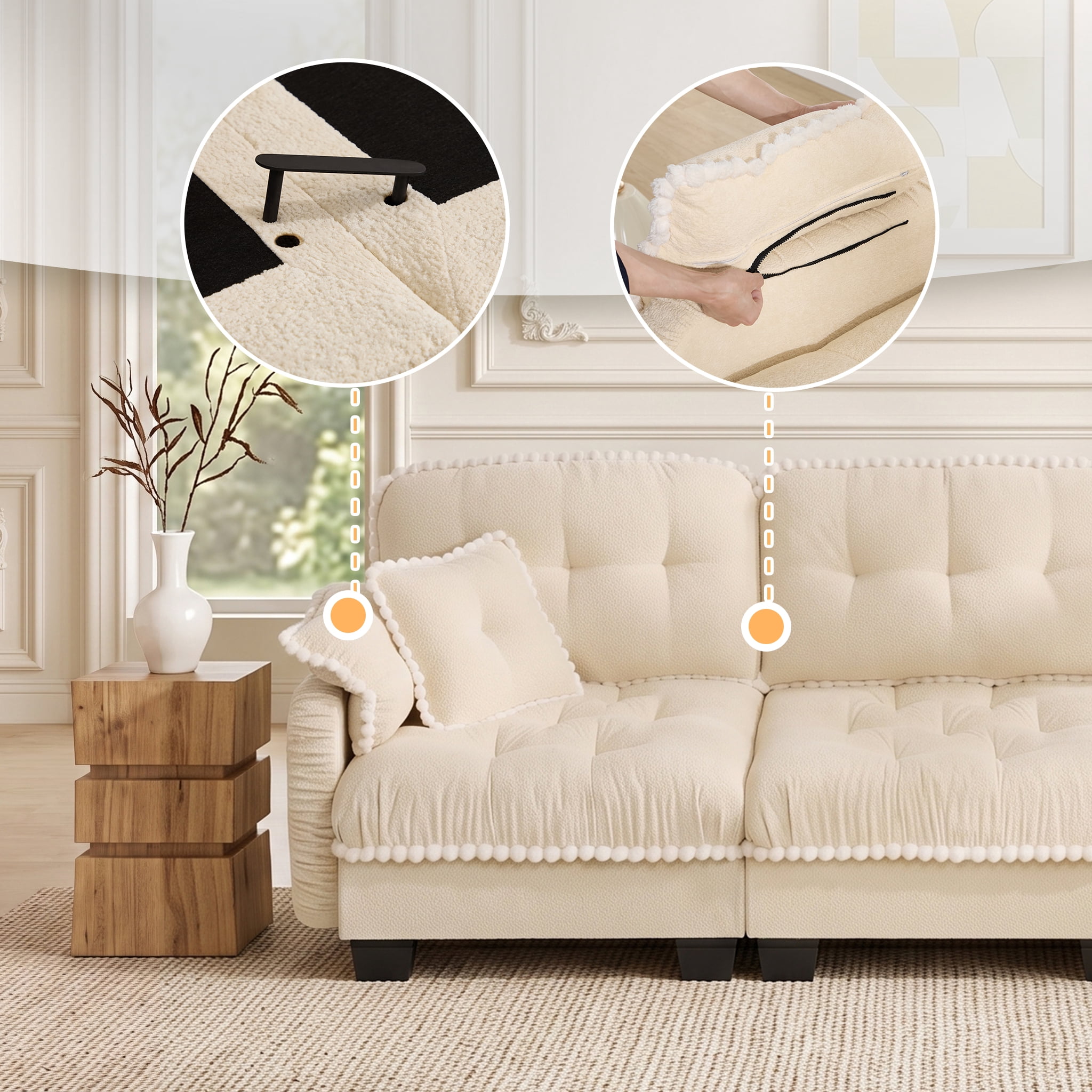 Anpport Modern Aesthetic Cream 3-Seater Chenille Sofa, Quilted Tufted Couch with Pom-Pom Trim, Includes 4 Throw Pillows for Small Space, Apartment, Office & Living Room