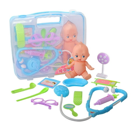 Doctor Kit Role Play 12pcs First Aid Kit Medical Toy with Silicone Patient Infant Doll Puppet as Best Gifts Ever for Kids Child Toddlers Teens (Blue)
