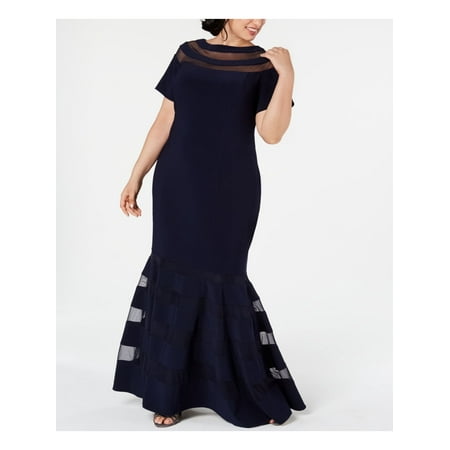 XSCAPE Womens Navy Short Sleeve Full-Length Mermaid Formal Dress Plus Size: 14W