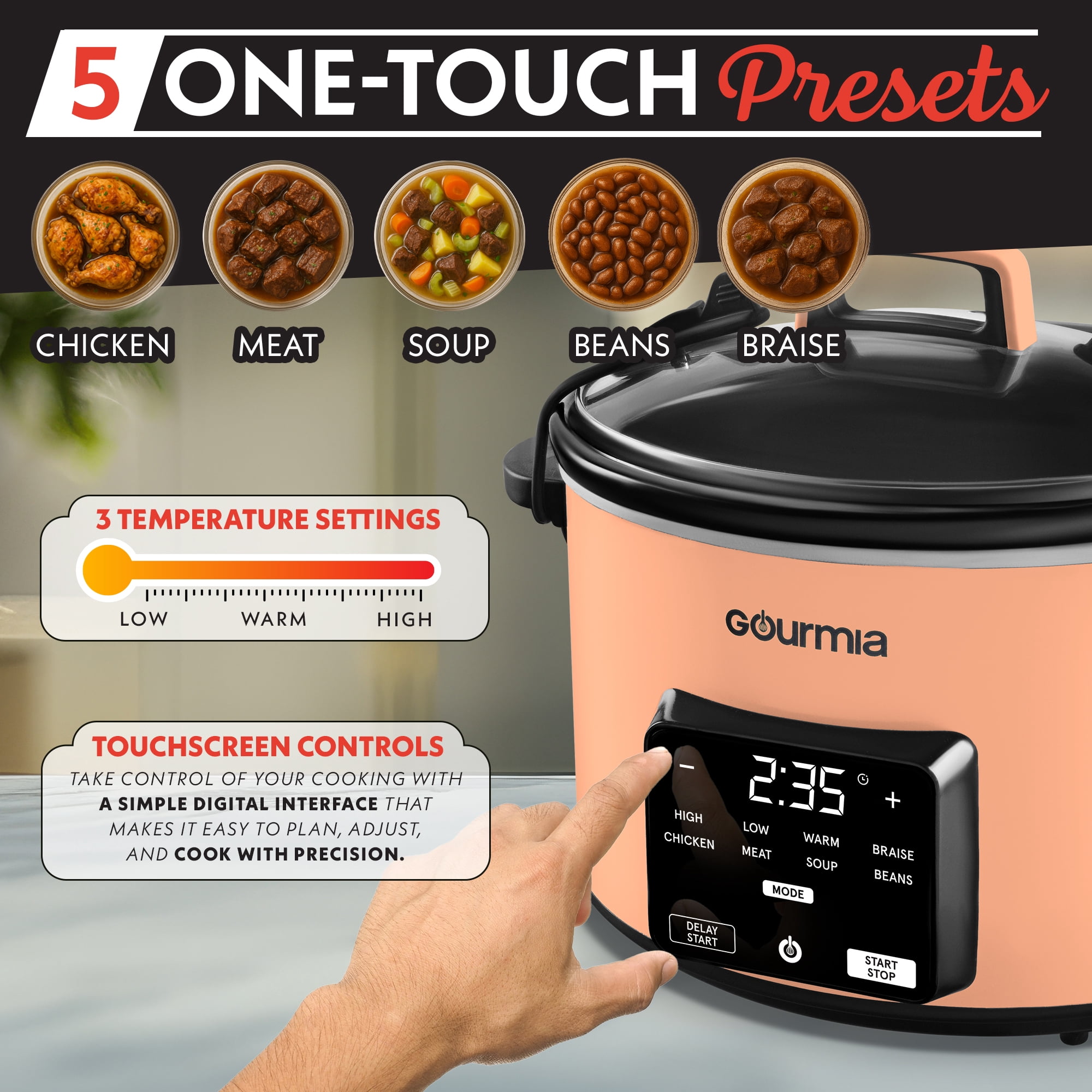 Gourmia 4.5 QT Programmable Slow Cooker, 5 Presets, Keep Warm, Peach
