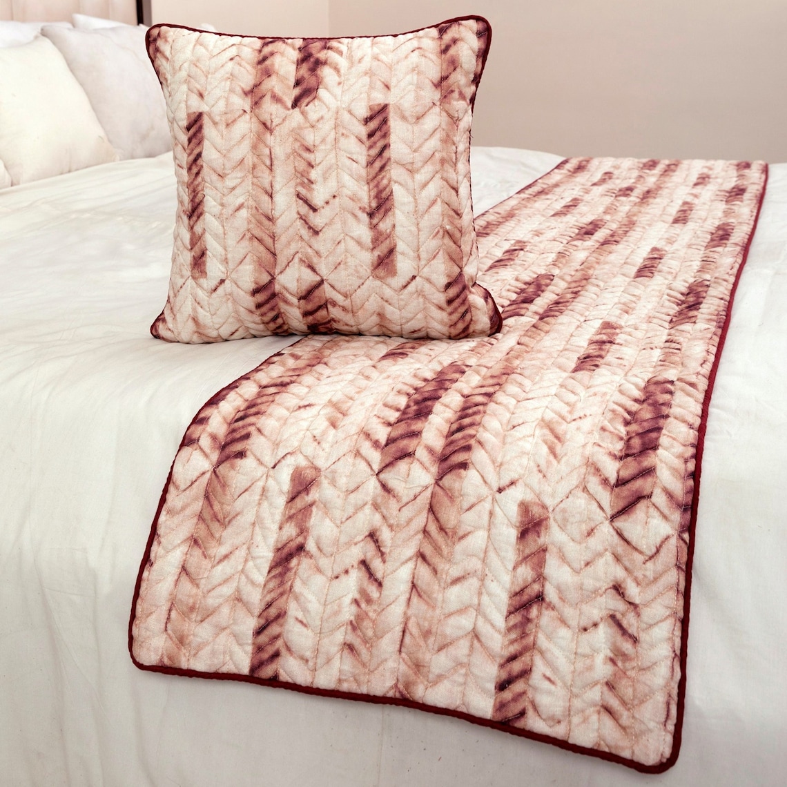King / Queen / Twin Maroon & Ivory Designer Full 68"x18" Bed Runner WITHOUT Pillow Cover, Tie & Dye, Beaded & Quilted Bed Scarf on Cotton fabric - Tie Dye Love