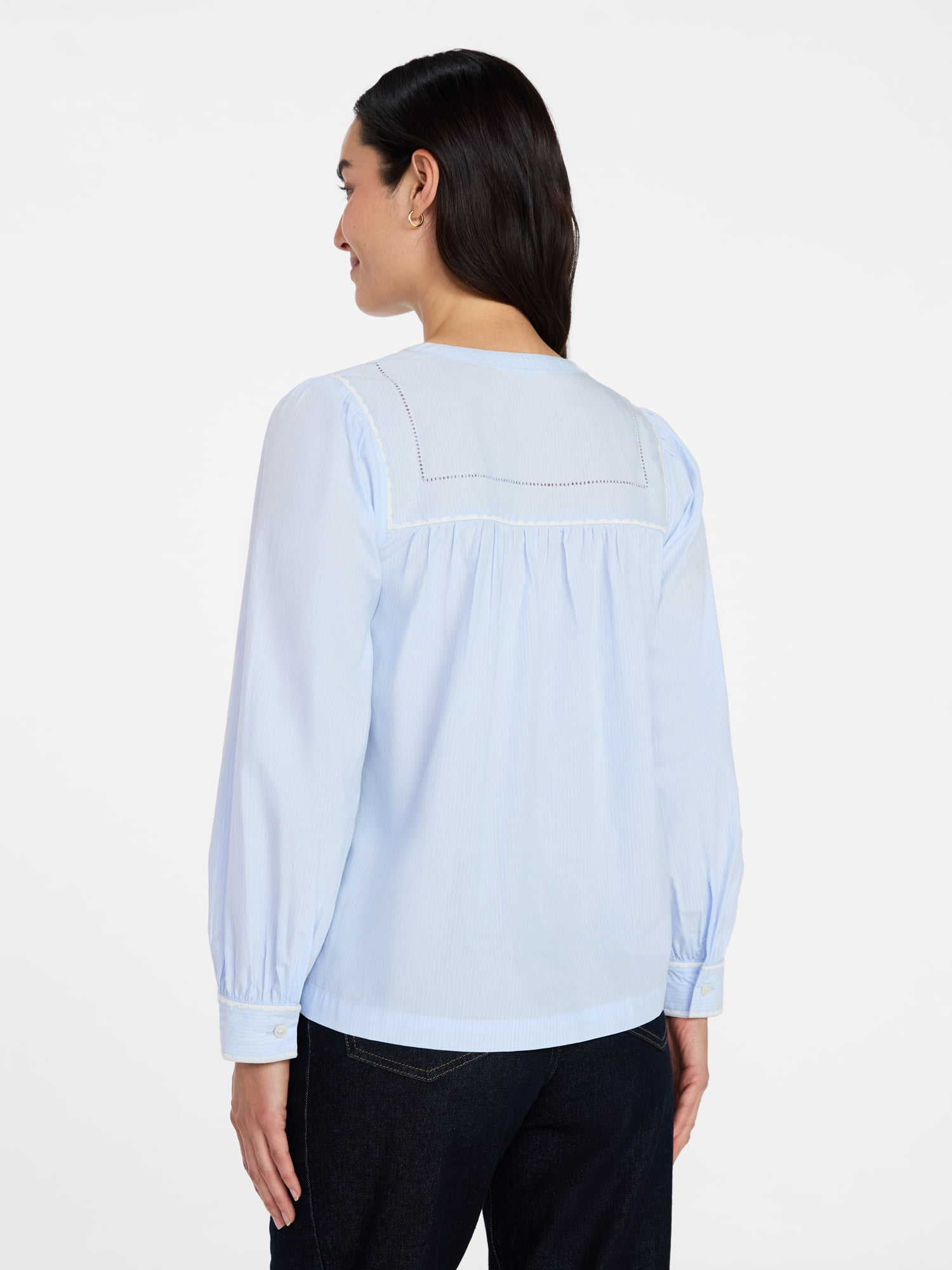 Time and Tru Women's Embroidered Cotton Button Front Shirt with Long Sleeves, Sizes XS-XXXL