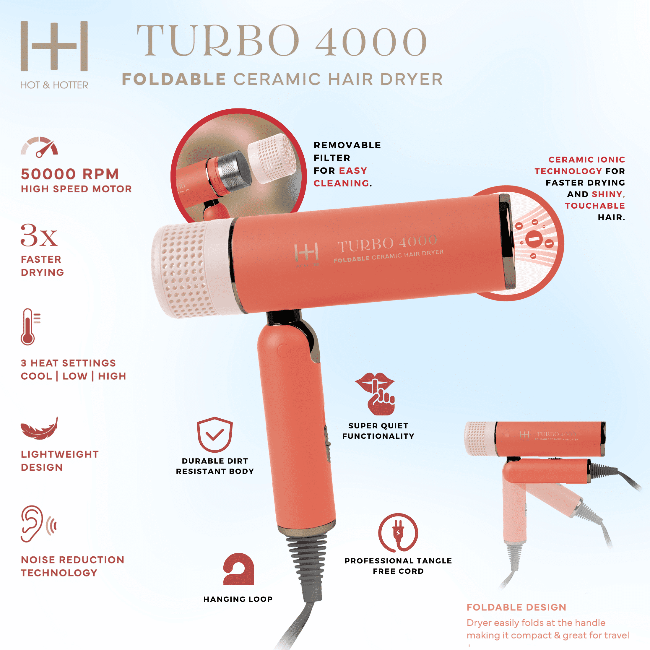 Hot & Hotter Ceramic Turbo 4000 Foldable Hair Dryer, 1 Count, Orange