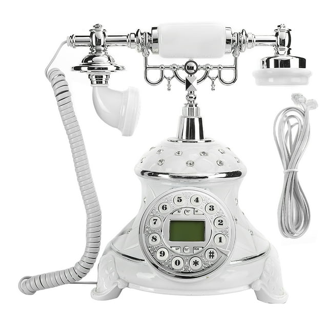 Teléfono antiguo de estilo europeo con incrustaciones de diamantes de imitación blancos, teléfono fijo vintage.