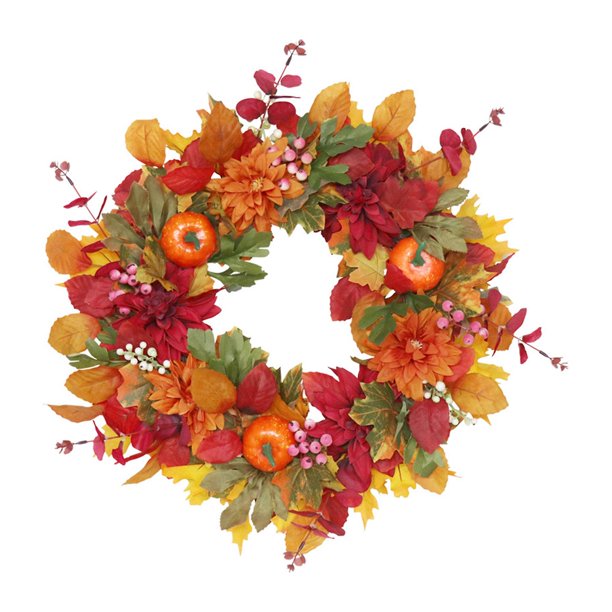 Autumn Harvest Artificial Wreath With Maple Leaves Pumpkins Halloween Door Decor