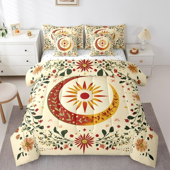 Erosebridal Botanical Flower Bedding Sets Twin Size,Sun Moon Comforter Sets with Sheets,Breathable Bed in a Bag Twin size,Floral Room Decorative,7pcs