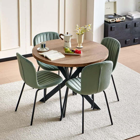 NORDICANA 37 Inch Round Dining Table Set for 4 with Green Velvet Dining Chairs, Modern Small Circle Kitchen Table Chairs Set for Apartment Living Room Office, Save Space