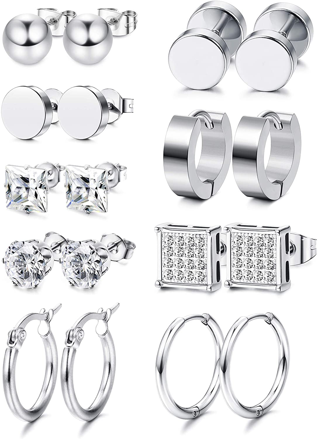 PHOGARY 9 pairs Stainless Steel CZ Stud Earrings for Women Mens Huggie Hoop Earrings