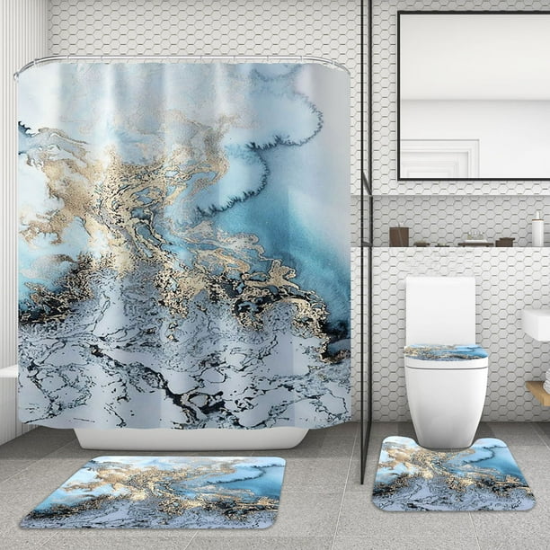 4Pcs Marble Shower Curtain Set with Rugs, Toilet Lid Cover Bath Mat