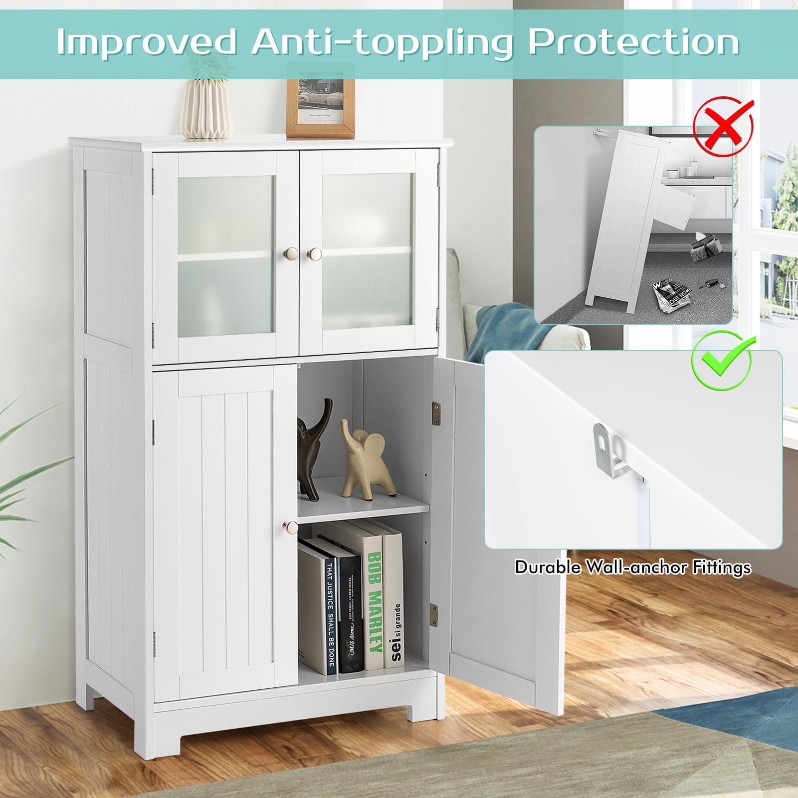 Giantex Bathroom Storage Cabinet w/Adjustable Shelf, Freestanding Wooden Floor Anti-toppling Device, Pantry Tempered Glass Doors for Kitchen Dining Room & Livingroom
