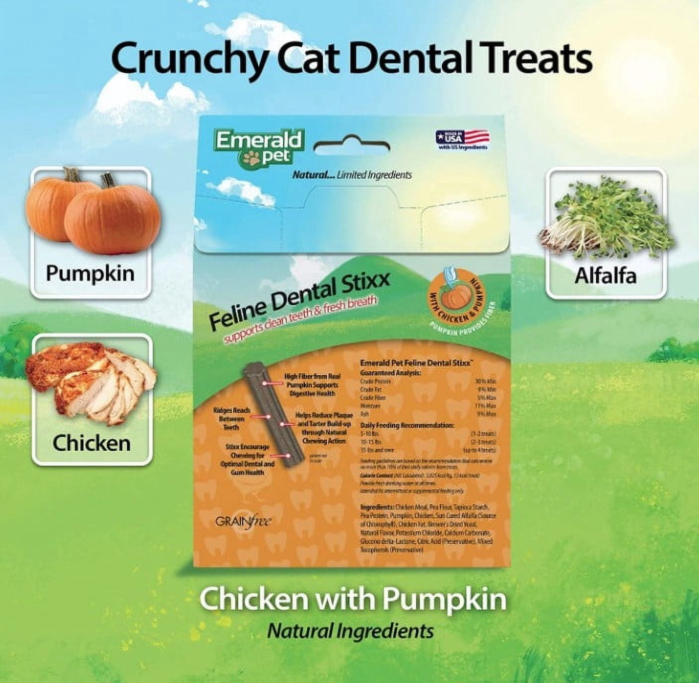 6 Pack Emerald Pet Feline Dental Stixx Chicken and Pumpkin Recipe [Cat Dental Treats, Bulk Cat Supplies, Emerald Pet] 21.6 oz (6 x 3.6 oz)