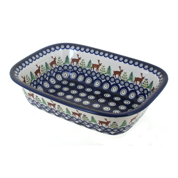 Blue Rose Polish Pottery Reindeer Pine Loaf Baker