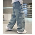 thumbnail image 5 of UACY Boy's Girls Cargo Jeans Baggy Denim Pants Elastic Waist Straight Wide Leg Jeans Streetwear with Pockets ﻿ (Dark Blue, 13-14 Years), 5 of 7