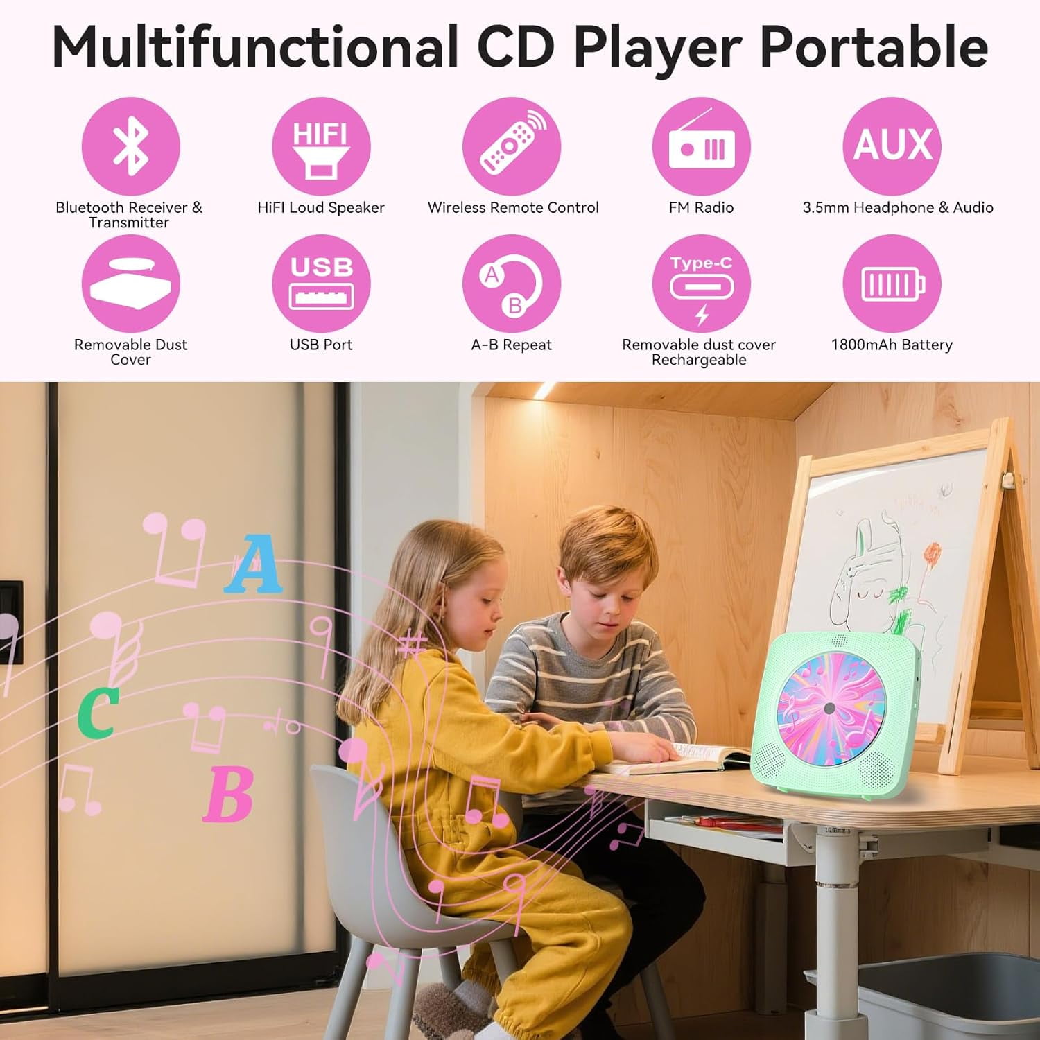 CD Player Portable Bluetooth Rechargeable: CD Players for Home with 1800mAh Kegaudio Desktop Wall CD Player with Speakers with Dust Cover LCD Screen Display FM Radio USB AUX Jack Remote Control