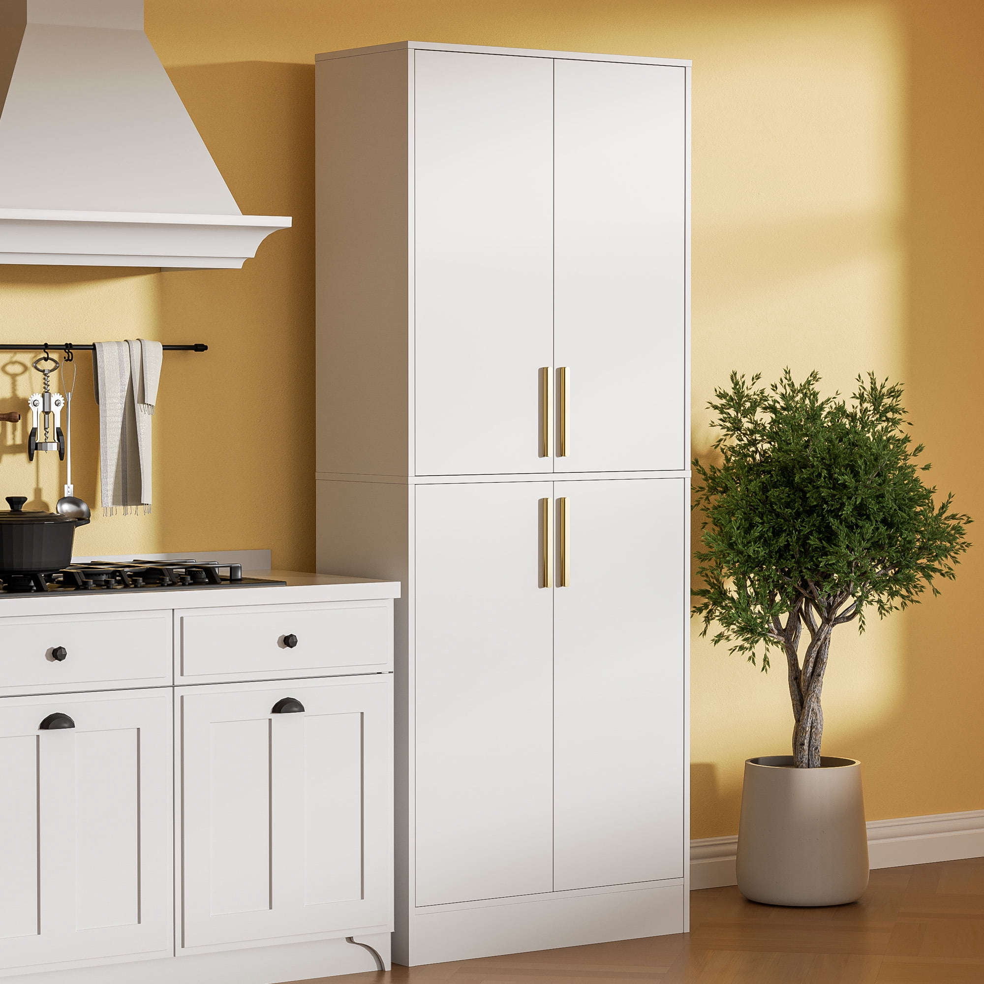 71" Tall Kitchen Pantry Storage Cabinet, Pantry Cabinet with 4 Doors, Freestanding Larder Cupboard, Kitchen Hutch with Gold Handles for Dining Room, Bathroom, White
