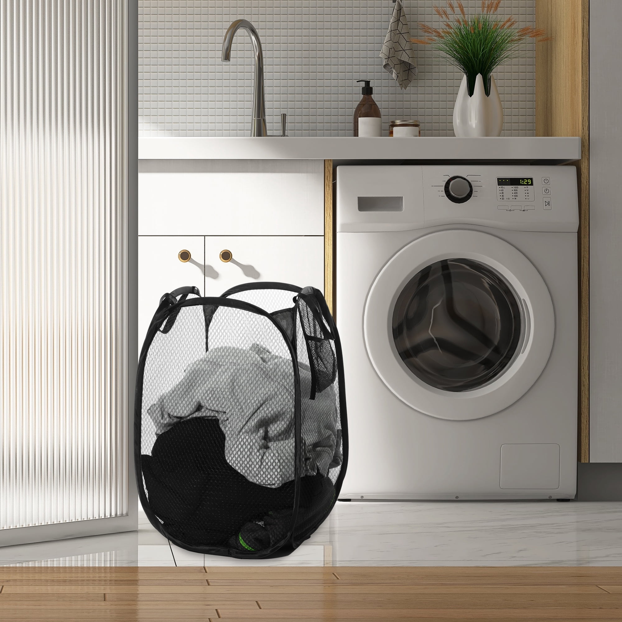 Unique Bargains Durable Folding Laundry Hamper for Bathroom 1 Pc Black
