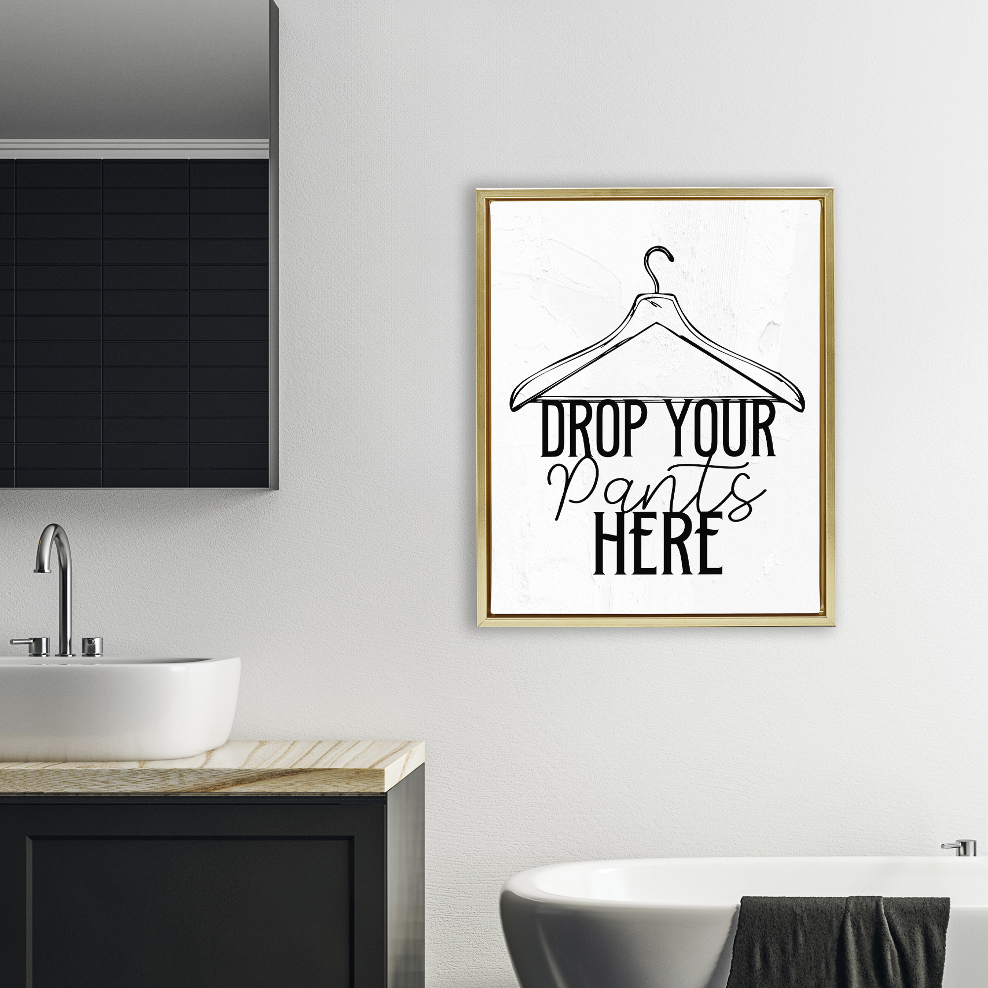 Drop Pants Here with Hanger Gold Framed Floater Canvas Wall Art, design by Kim Allen