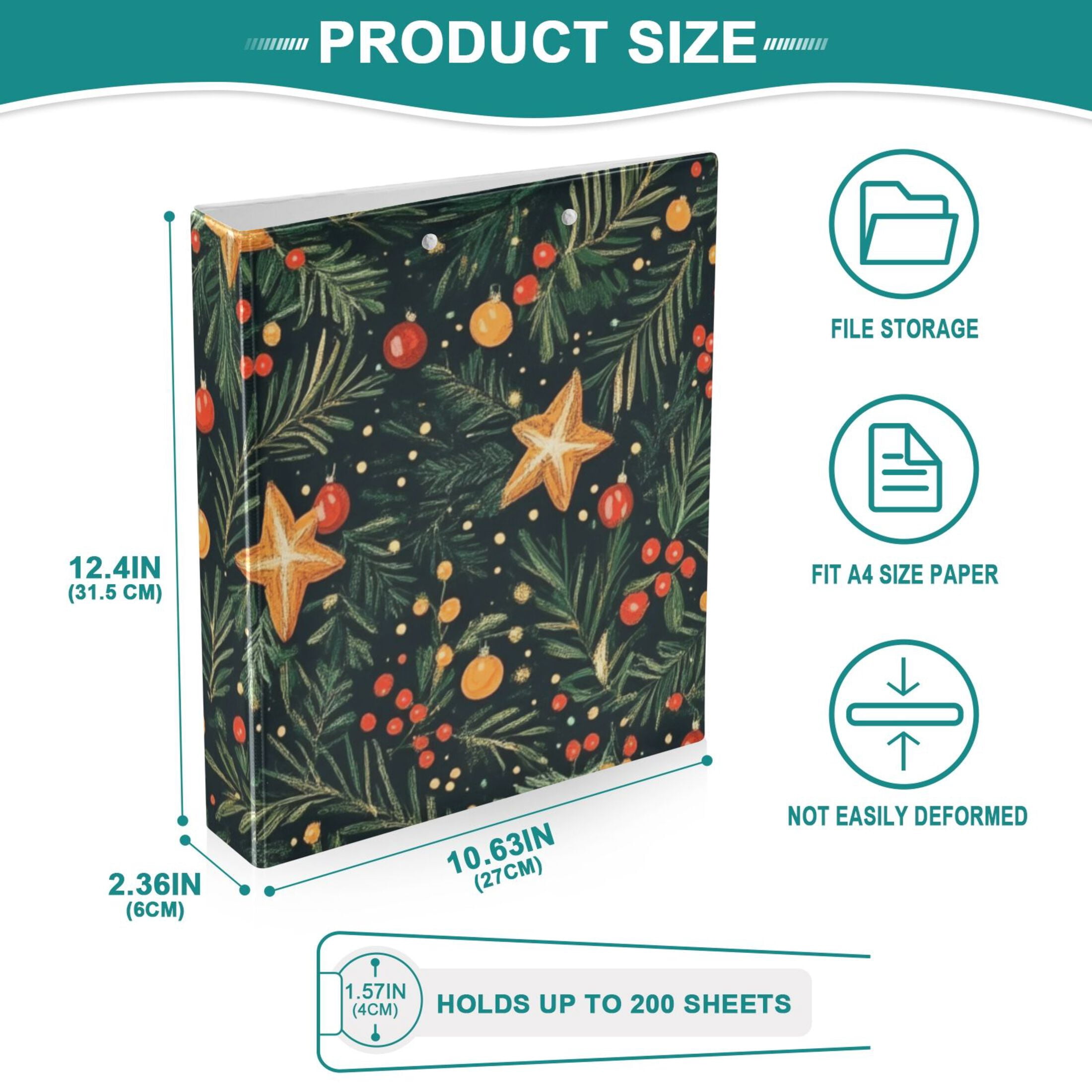 Christmas Leaves Stars 3 Ring Binders 1.5 inch Hardcover File Folders with Interior Pockets A4 Size Organizer for School Office Hospital