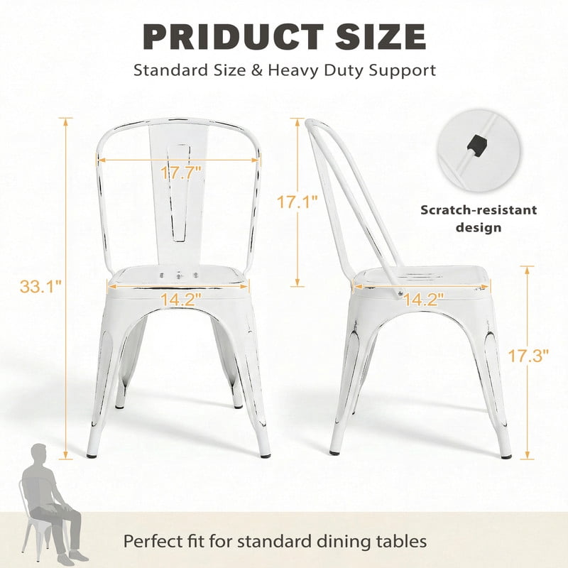 VINEEGO Metal Dining Chair Indoor-Outdoor Use Stackable Classic Trattoria Chair Fashion Dining Metal Side Chairs for Bistro Cafe Restaurant Set of 4 (DIstressed White)
