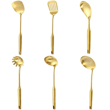 

6pc Stainless Steel Cooking Utensils Set Gold Soup Ladle Spatula Rustproof Modern Cooking Gadget with Smooth Surface 1 Spoon