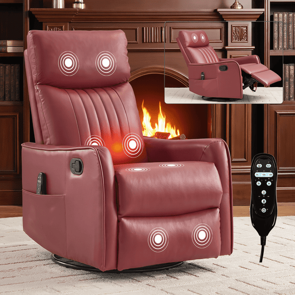 BINBANK Swivel Rocker Recliner Chair, 360 Swivel Recliner with Heat and Massage with Side Pockets for Living Room,Red