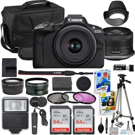 Canon EOS R50 Mirrorless Camera with 18-45mm Lens Bundle   2X 64GB Memory Cards   Accessory Kit Including Shoulder Bag, Flash, Remote, Aux Lenses, Software & More