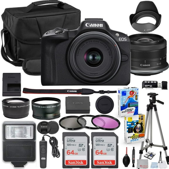 Canon EOS R50 Mirrorless Camera with 18-45mm Lens Bundle   2X 64GB Memory Cards   Accessory Kit Including Shoulder Bag, Flash, Remote, Aux Lenses, Software & More