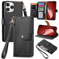 thumbnail image 1 of For iPhone 16 Pro Max Case RFID Blocking Zipper Pocket Leather Wallet Phone Cover - Black, 1 of 5