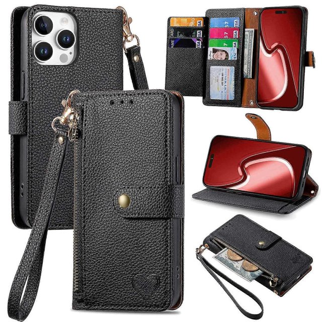 For iPhone 16 Pro Max Case RFID Blocking Zipper Pocket Leather Wallet Phone Cover - Black