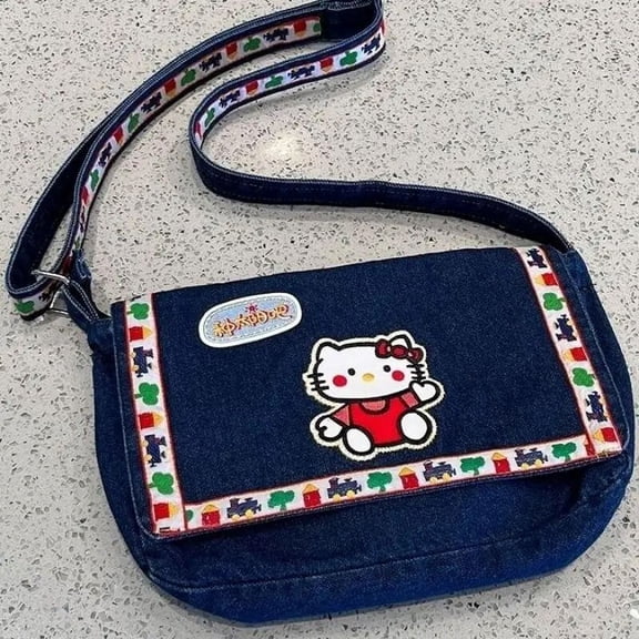 Anime Sanrio Y2K Bags Original Vintage Cute Hello Kitty Denim Bag Cross-Body Bag Hello Kitty Stuff Japanese Niche Shoulder Bag