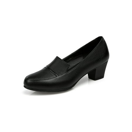 

Gomelly Ladies Loafers Slip On Heels Chunky Dress Shoes Retro Office Shoe Womens Women Black Leather Upper 7