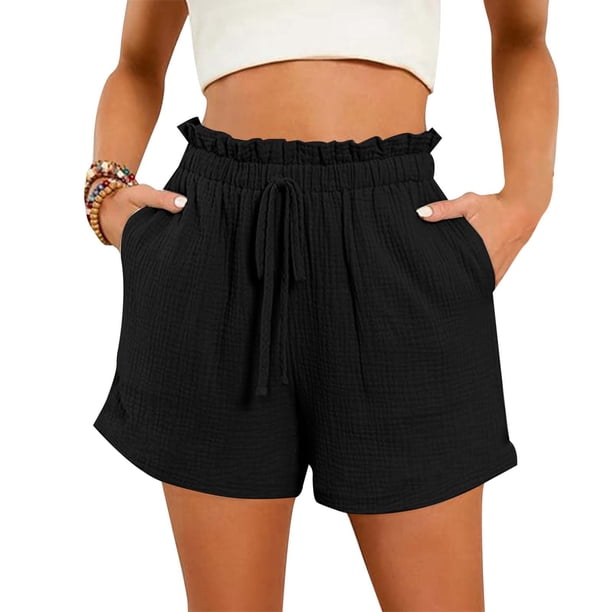 MKLEKYY Pantalones Cortos de Playa Holgados con Bolsillo y Cintura Alta de Color Liso para Mujer, Moda de Primavera y Verano