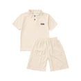 thumbnail image 3 of YiZYiF Kids Boys Two-Piece Outfit & Set Casual Solid Turn-Down Collar T-shirt with Shorts Daily Wear Beige 13-14, 3 of 5