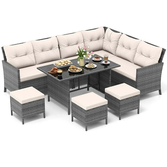 Gymax Set of 7 Dining Furniture Set PE Rattan Sectional Sofa Set Patio Off White