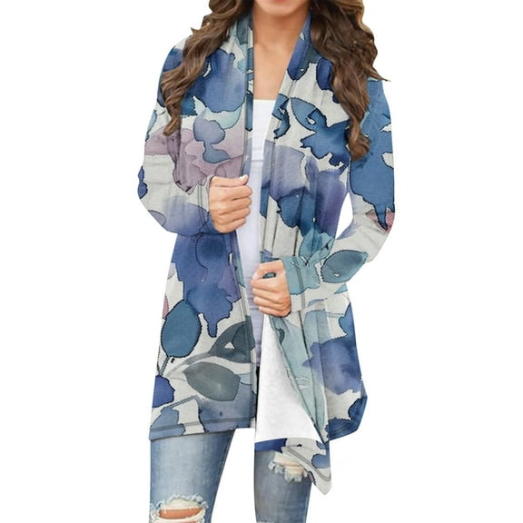 SnZhen Women's Cardigan Tops Ladies' Fall Winter Casual Long Sleeved Printed Comfy Loose Cardigans Outwear Blue L