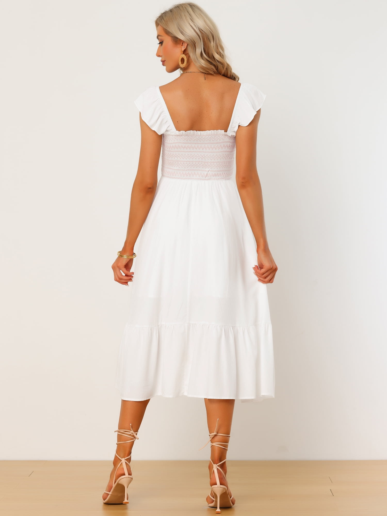 DARING DIVA Square Neck Boho Sleeveless Ruffle Tiered Smocked Sundress XL White