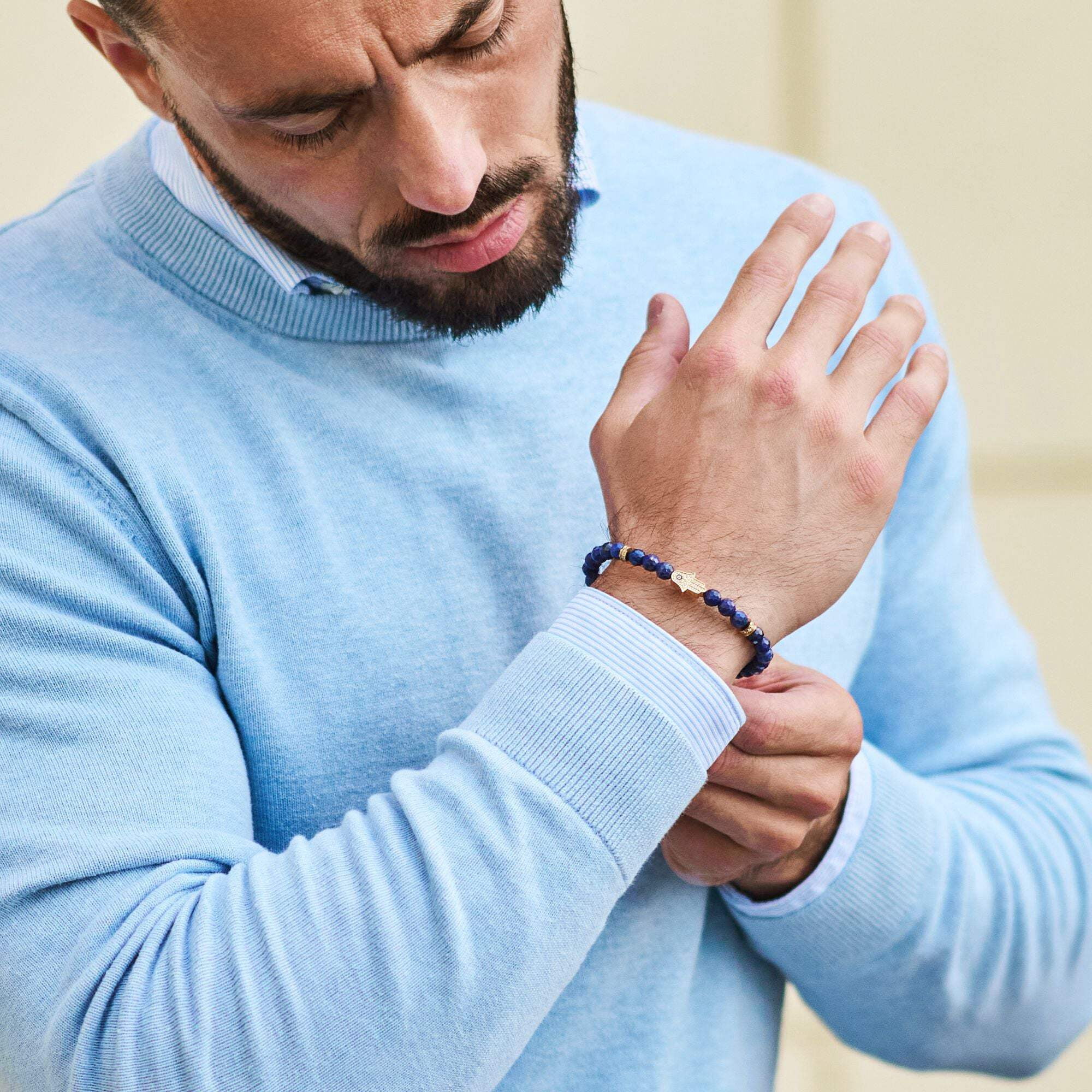 Men's LAPIS LAZULI Bracelet with Golden HAMSA Hand | Gift for Men | One Size Fits All | 100% Natural | Gemstone Adjustable Bracelet