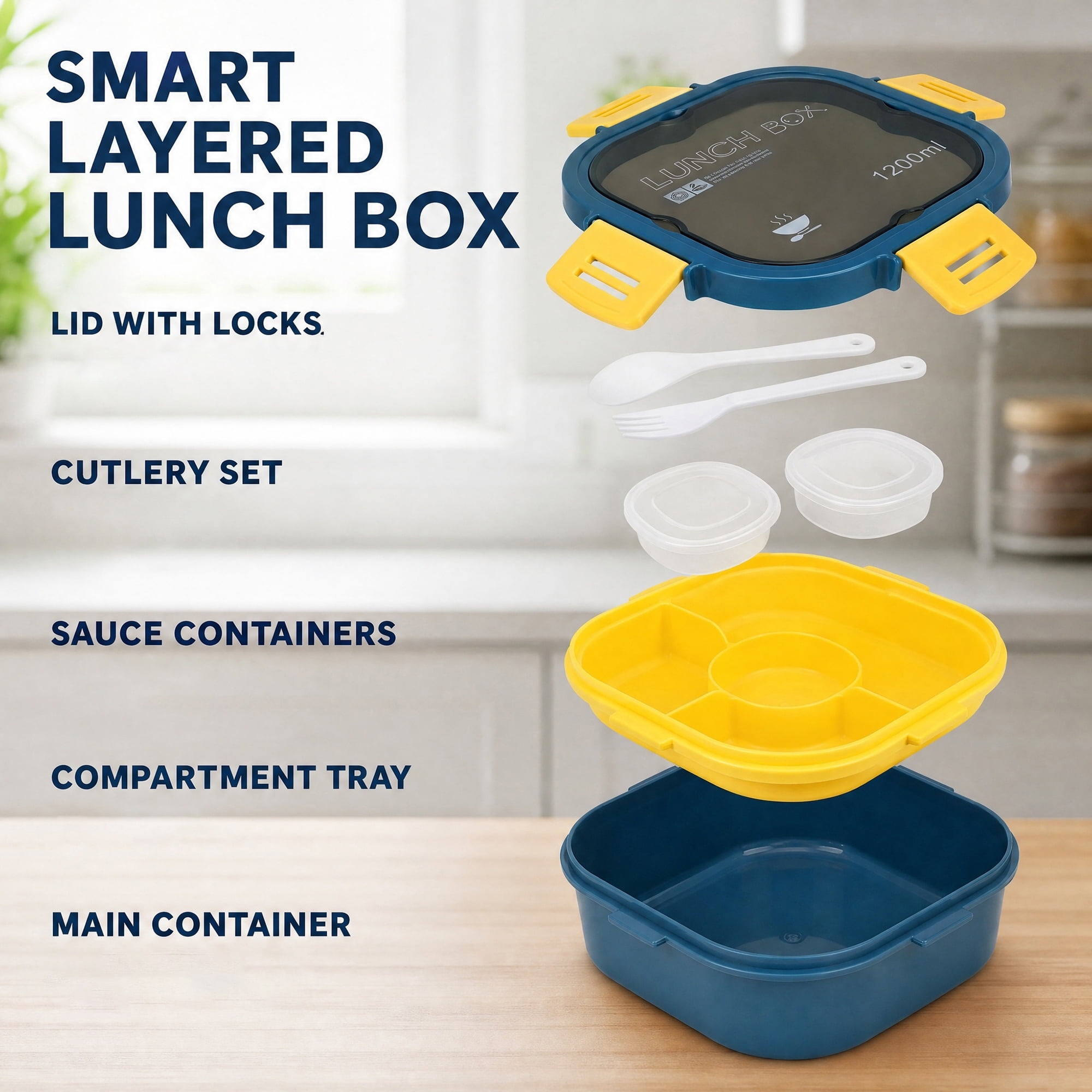 Unique Bargains 1200ml Leak-Proof Meal Prep Lunch Bento Box Blue-1