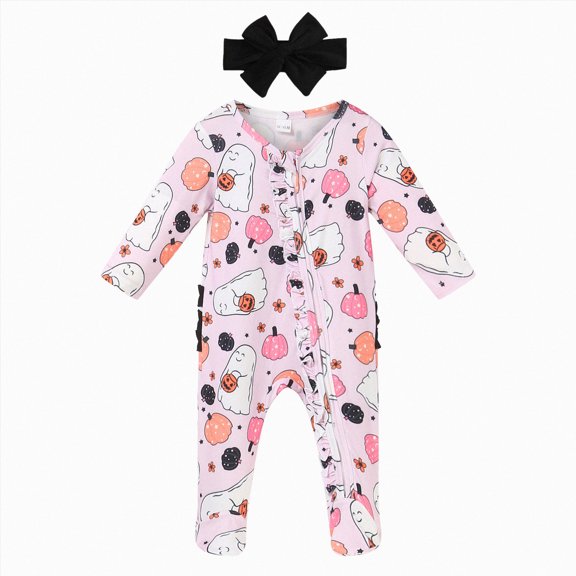 mgoYE My First Halloween Baby Girl Outfit Newborn Pumpkin Footie Jumpsuit Ruffle Zipper Romper Cute Baby Fall Clothes|Pink,0-3 Months