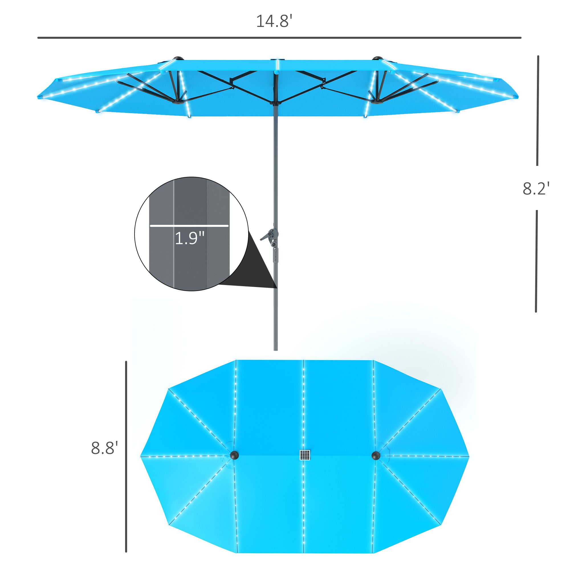 Dranite 15ft Double-Sided Aluminum Patio Umbrella with Solar Lights, UPF50+ & Crank, Blue